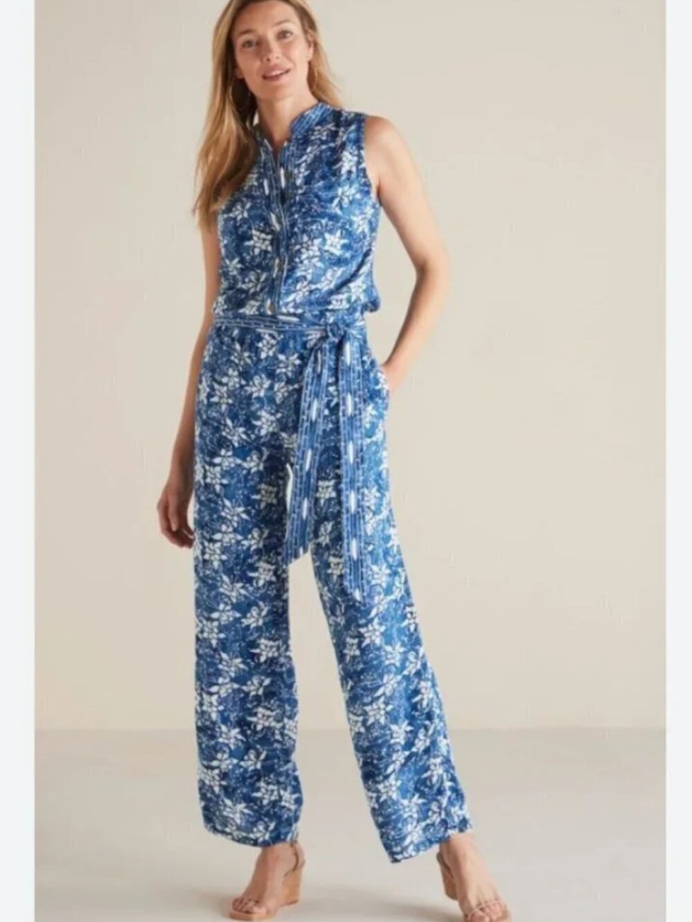 NWT SOFT SURROUNDINGS Nahla Lightweight Belted Jumpsuit in Blue Batik Size L
